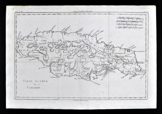 1780 Bonne Map Jamaica Montego Bay Port Royal Kingston West Indies Caribbean Sea