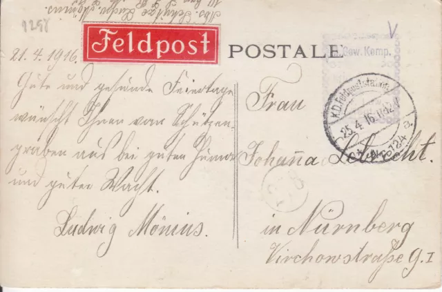 Feldpostkarte Feldpost 1.Weltkrieg 10. Bayr. L. Inf.Rgt. 6.Komp. 25.4.1916