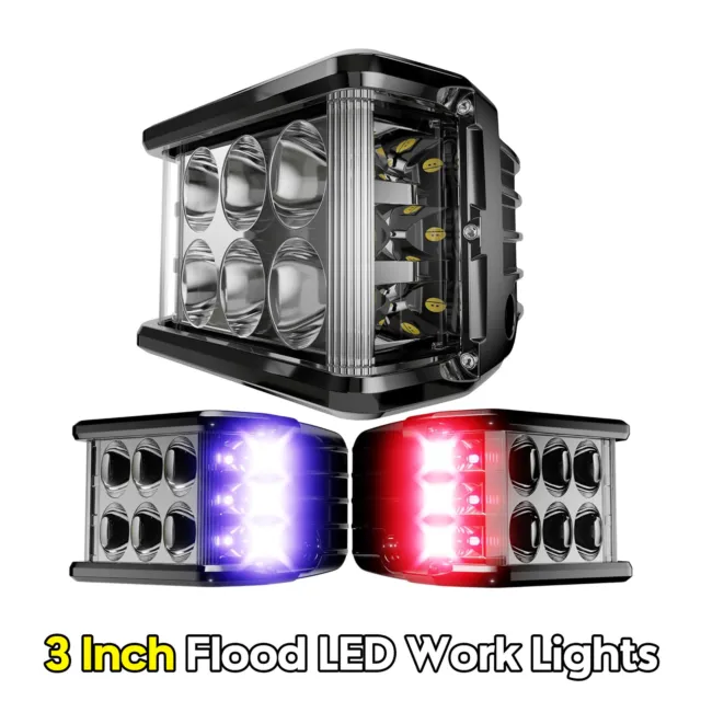 2PCS 4inch LED Work Pods Tri-Side Shooter Red & Blue White DRL For Plow