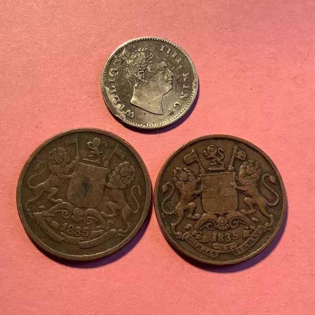 East India Company 2 x 1/4 Quarter Anna 1835 & 1/4 Quarter Rupee 1835 AX170