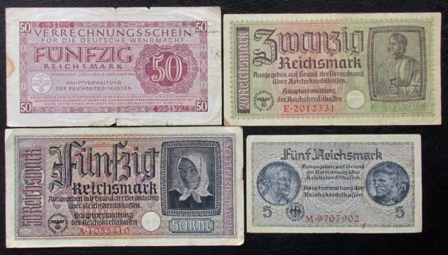 Lot of 50,5,20,50 WW2 REICHSMARK NAZI GERMANY CURRENCY GERMAN BANKNOTES