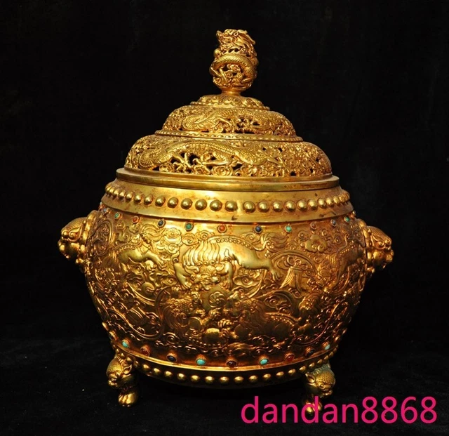 China bronze 24k gold gilt inlay gem dragon loong beast Incense burner Censer