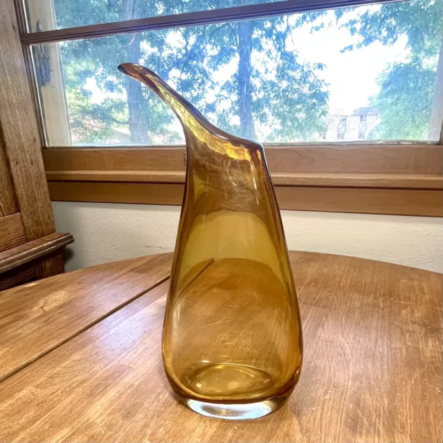 vintage amber Hand Blown art glass pitcher vase Mid Century Autumn Decor