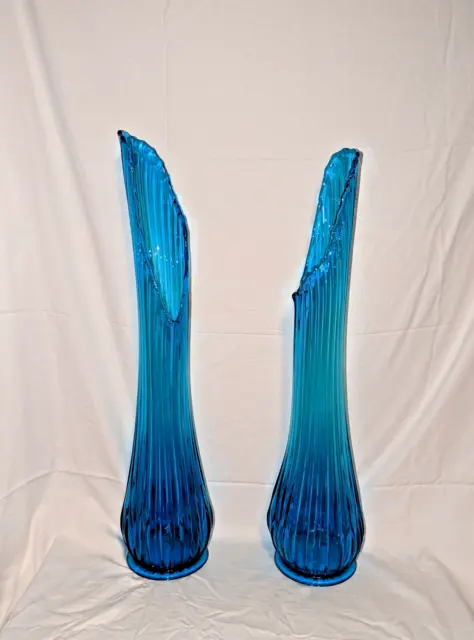 (2) LE Smith Swung Vases ~ Ribbed Blue 26.5 and 25.75 inches - A RARE PAIR!