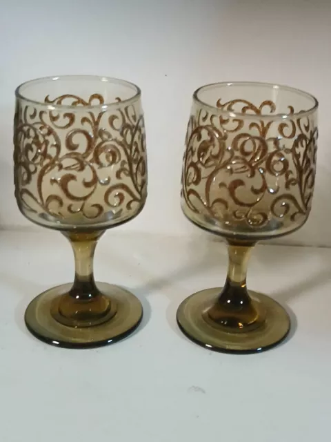 Vintage Pair 1970's Libby Prado Empire Scroll Wine Glasses Smoked Glass Stemware