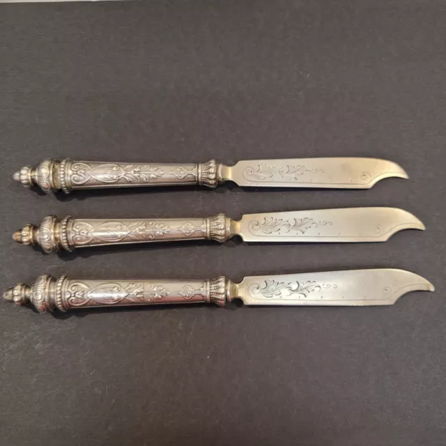 Lot of 3 - 7" Fruit Knives Engraved Imperial Russian 84 Silver Riga ? Knife