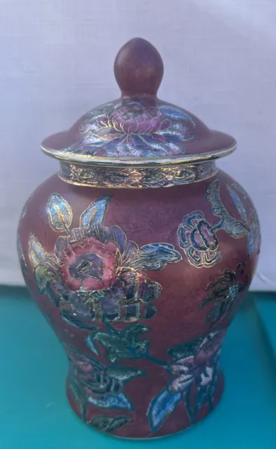 Mid 20th Century Faux Cloisonné Floral Ginger Jar in Burgundy Urn 10 Inch