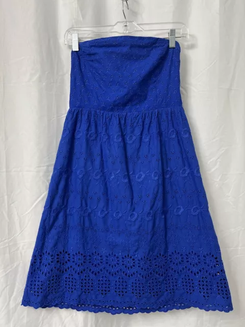 Old Navy Blue Eyelet Sundress Strapless Lined Cotton Embroidered Zip Side Size 4