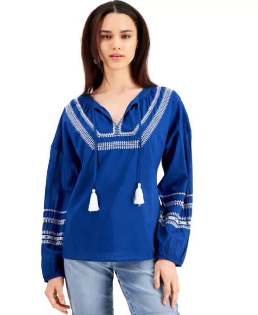 MSRP $50 Style & Co Embroidered Peasant Top Blue Size Small