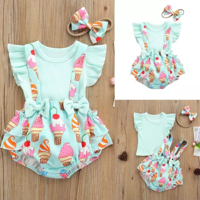 Newborn Baby Girls Print Ruffle Sleeveless Tops Shorts Headband Outfit Clothes