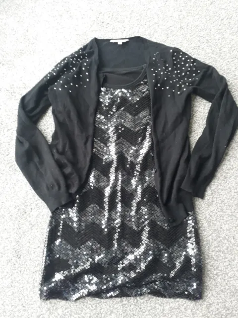 Girls Party Outfit, Black Sparky, Dress & Cardigan, Size 7 - 8