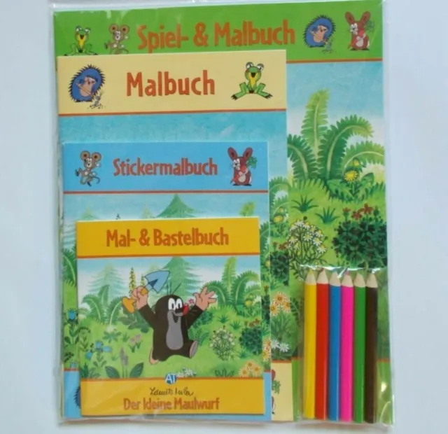 4 Hefte Maulwurf - Spiel - Mal- Bastel- Sticker-Buch +6  Buntstifte