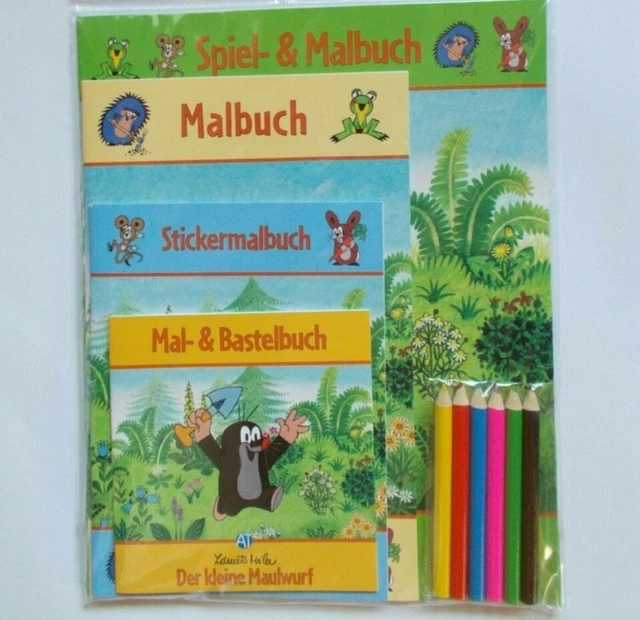 4 Hefte Maulwurf - Spiel - Mal- Bastel- Sticker-Buch +6  Buntstifte
