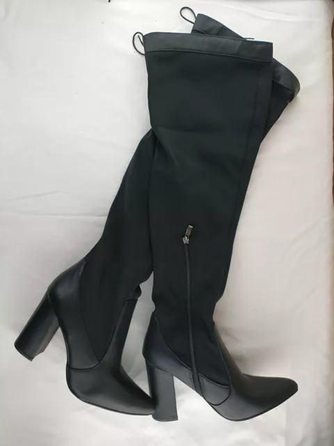 2 Lips Too Women Size 7.5 Boots Over Knee Black Faux Leather & Nylon Block Heels