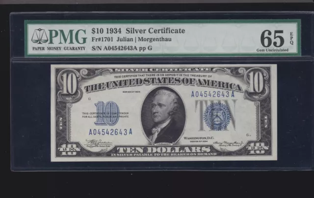 US 1934 $10 Silver Certificate FR 1701 PMG 65 EPQ GEM CU (643)