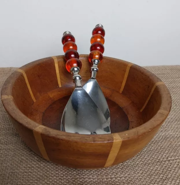 Vintage 60's Cambridge Ware? Solid Wooden Teak Salad Bowl And Servers