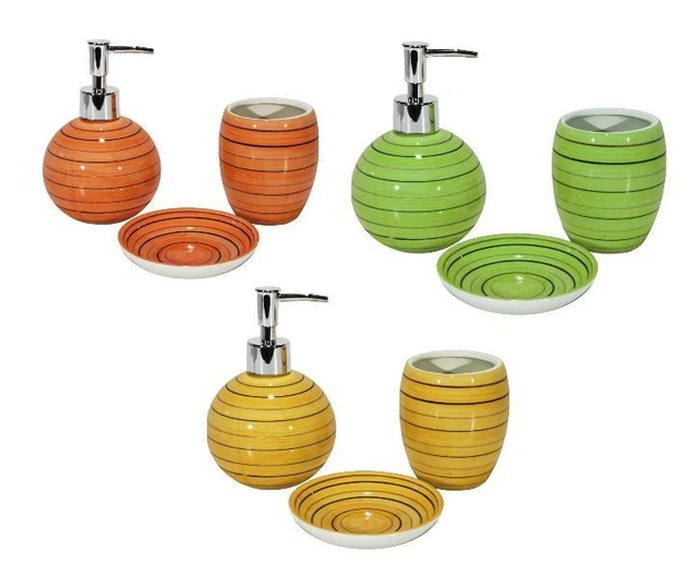 Set Accessori Bagno In Ceramica 4 Pezzi - Beige Sand - Dispenser Sapone, Portaspazzolino, Portasapone, Bicchiere - Stile Bohémien
