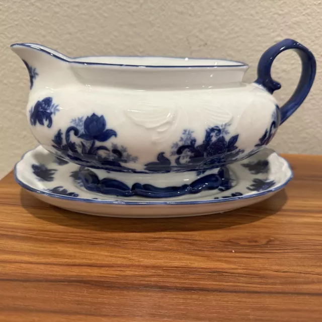 Gravy Boat Flo Blue Look A Like 2 Piece Excellent Condition