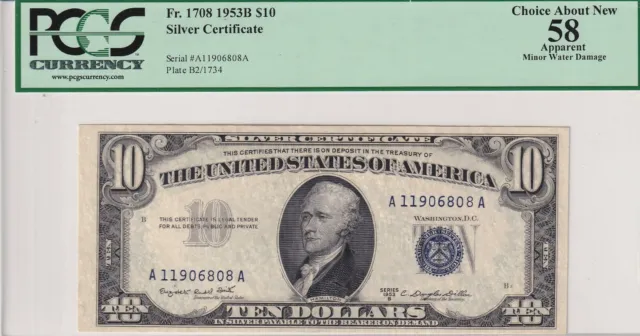 A11906808A 1953B Silver Certificate Ten Dollar Blue Seal In Choice About New .