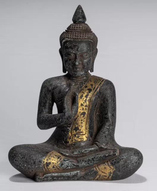 Antique Khmer Style SE Asia Seated Wood Teaching Buddha Statue - 32cm/13"