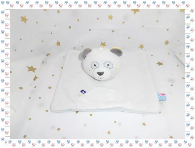 ③ - Doudou Plat Carré Panda Ours Gris Bleu Jaune Blanc  Sucre d'Orge