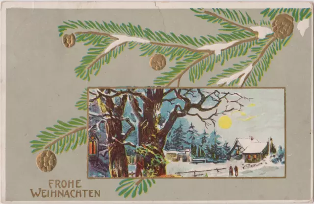 Glückwunsch-AK "Frohe Weihnachten", Winterlandschaft, gel. 24.12.1908