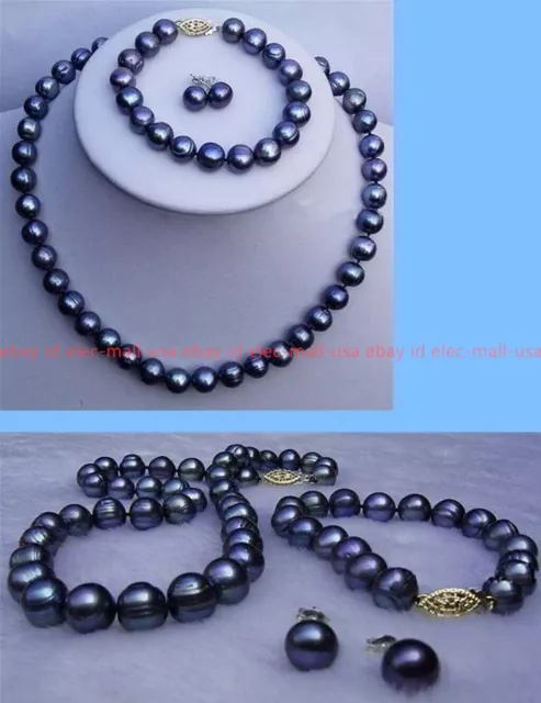8-9mm Genuine Black Cultured Pearl Necklace Bracelet Earrings Jewelry Set