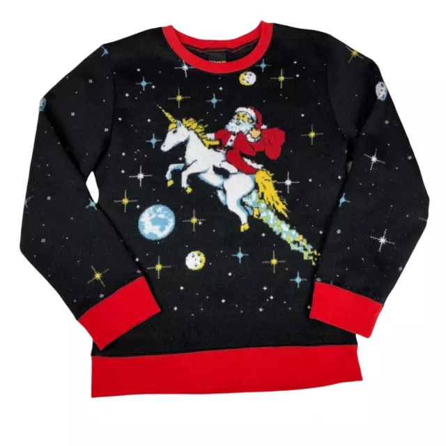 Fifth Sun Christmas Sweater Youth XL Santa Unicorn Rocket  Ugly Sweatshirt Black