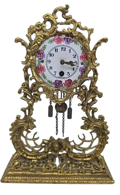 Gold Plated Vintage German Made Floral Globe Shelf Repeater Clock W Key