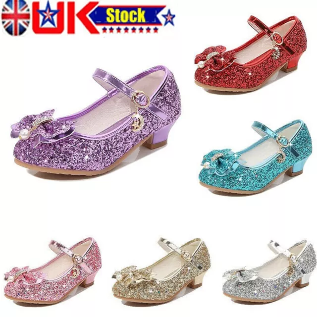 New Girls Kids Childrens Low Heel Party Wedding Mary Jane Sparkly Princess Shoes