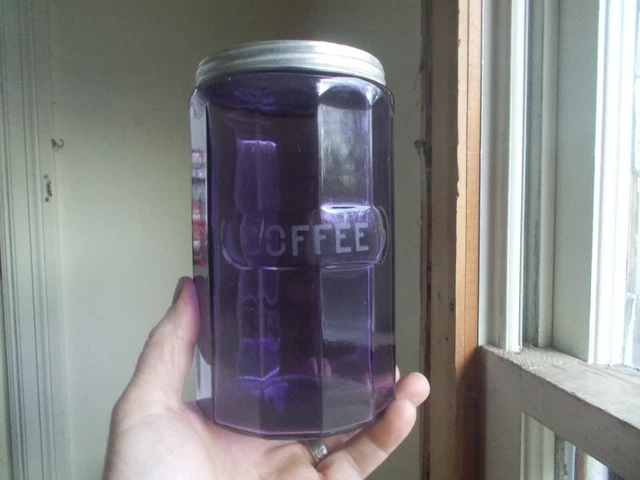 1912 Amethyst Glass 12 Sided Ground Lip Coffee Jar &Lid From Hoosier Cabinet