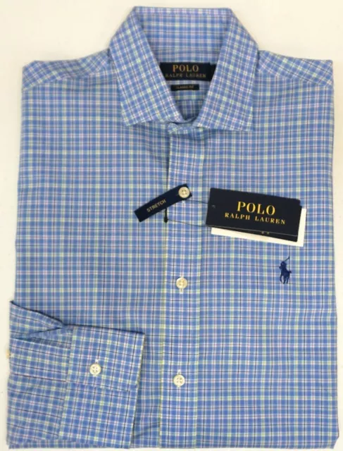 Polo Ralph Lauren Blue Plaid Classic Fit Dress Shirt Long Sleeve Stretch $98