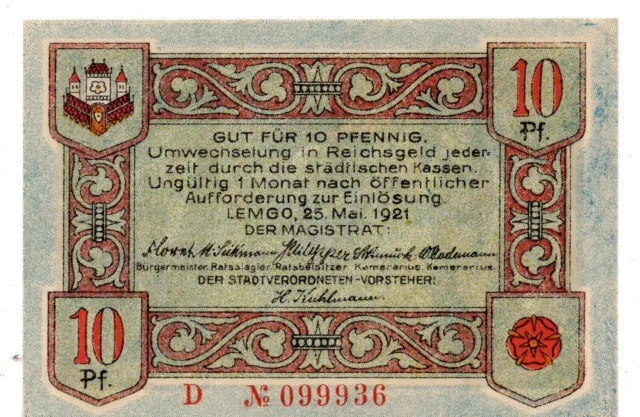 1921 Germany Notgeld City of Lemgo 10 Pfennig (G192)