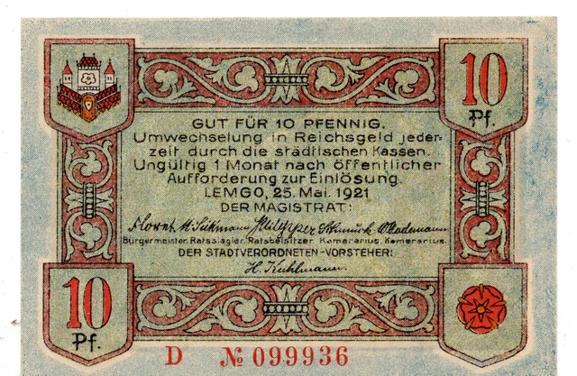 1921 Germany Notgeld City of Lemgo 10 Pfennig (G192)