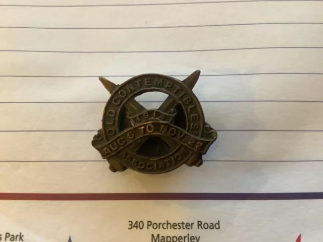 WW1 British Army Old Contemptibles Association 1914 Badge, Low Number  408C….