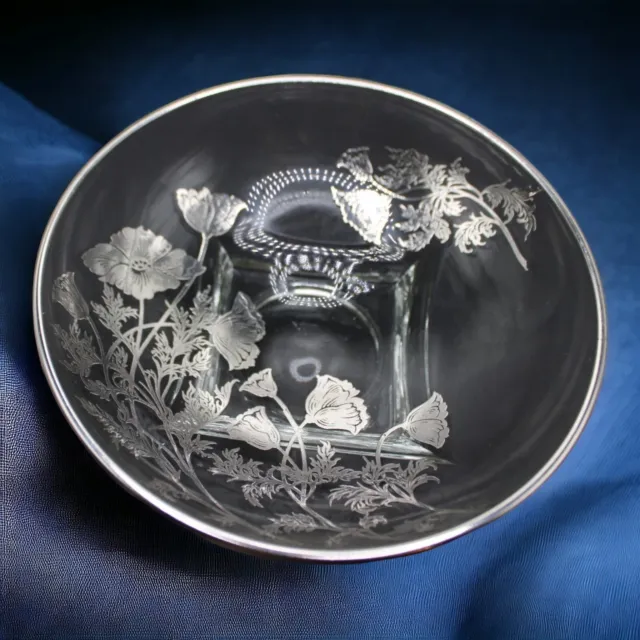 Vintage Silver City Flanders Silver Overlay Florals Clear Glass Bowl 6"
