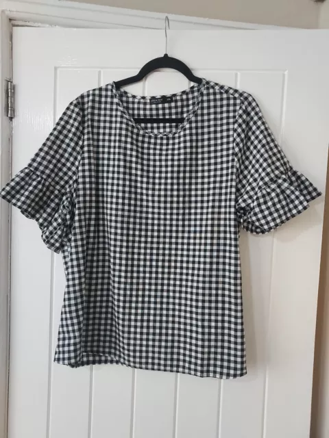 Ladies Black/White Checked Pullover Blouse Frilled Sleeves Size Xl (16/18)