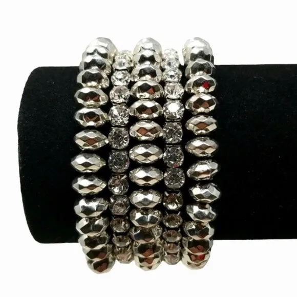 Silver Tone Faceted Bead & Rhinestone Multi Strand Wide Stretch Bracelet