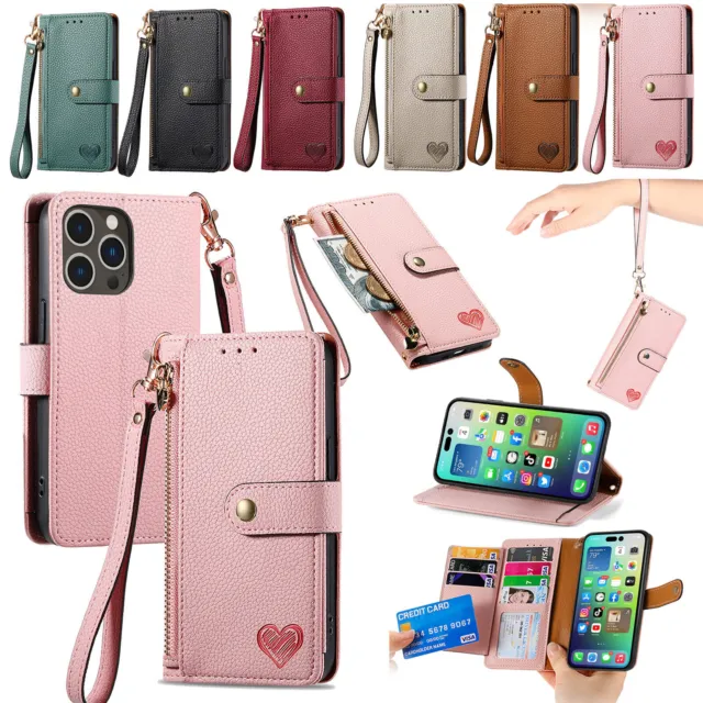 Wallet Case PU Leather Zipper Card Slots Lanyard For iPhone 14/13/12/11/X/7/6