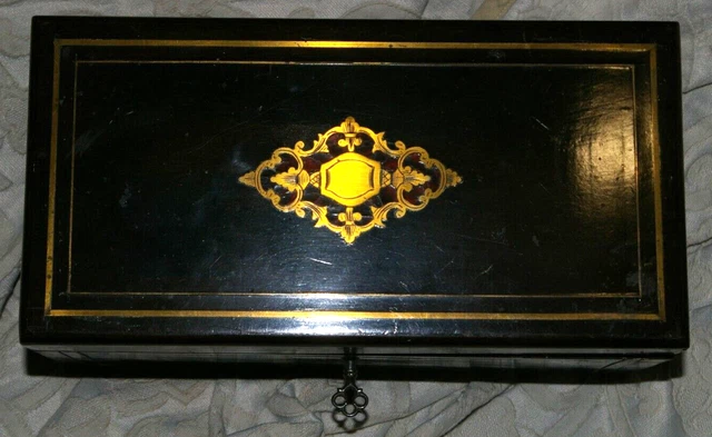 Boîte à Bijoux Ou à Thé En Bois Noir Style Napoléon III, Décor Japonisant - Vintage Authentique