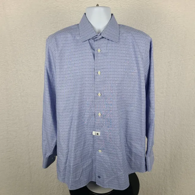 David Donahue Dress Shirt Mens 17.5 34/35 Blue Plaid Check Trim Fit Button Up
