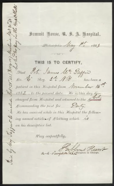 Interesting 1863 Partly Printed Hospital Discharge – Philadelphia, Pennsylvania Interesting 1863 Partly Printed Hospital Discharge – Philadelphia, Pennsylvania