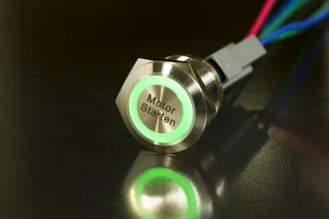 LED Starterknopf grün Start Knopf Startknopf 22 mm Lasergravur: "Motor Starten"