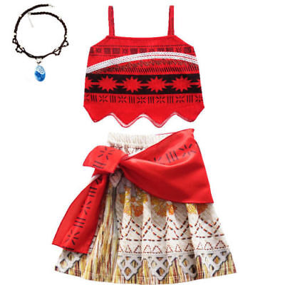 UK Moana Costume Hawaiian Princess Fancy Cosplay Dress&Necklace 3-11Y Outfit