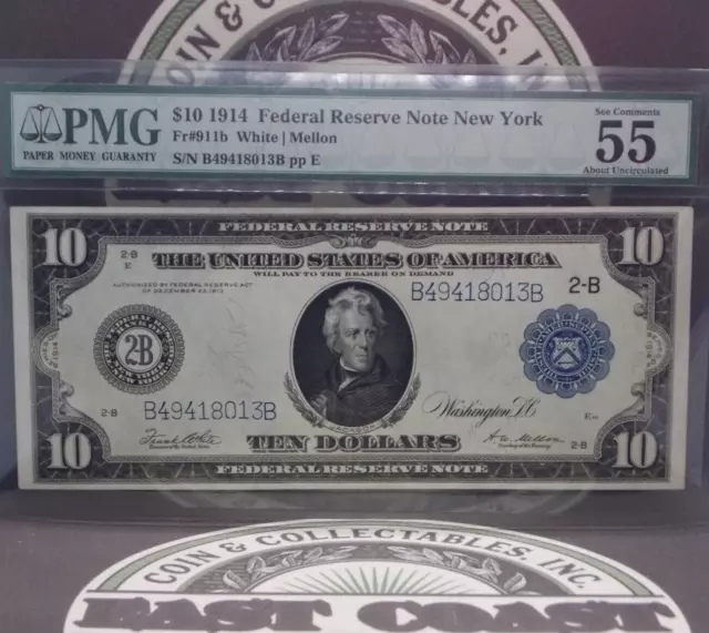 1914 $10 Federal Reserve Note FRN *NEW YORK* Fr#911B PMG AU55 EPQ About Unc #008