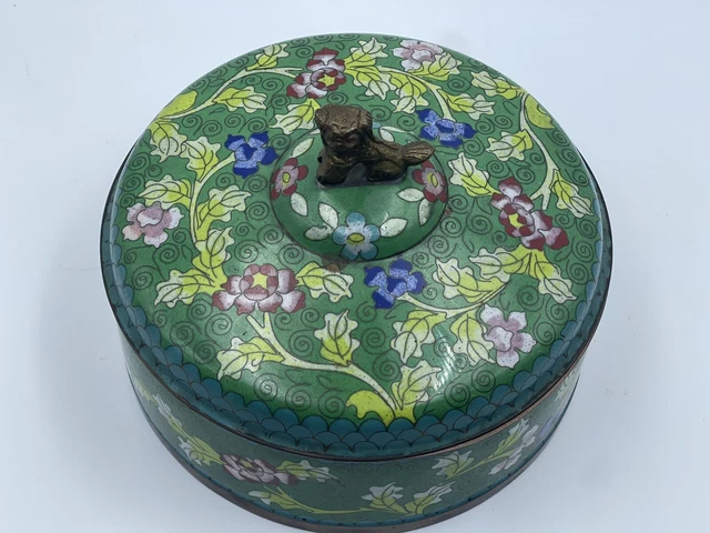 Antique Chinese Green Blue Cloisonné Round Lidded Box Topped W/ Dragon /Foo Dog