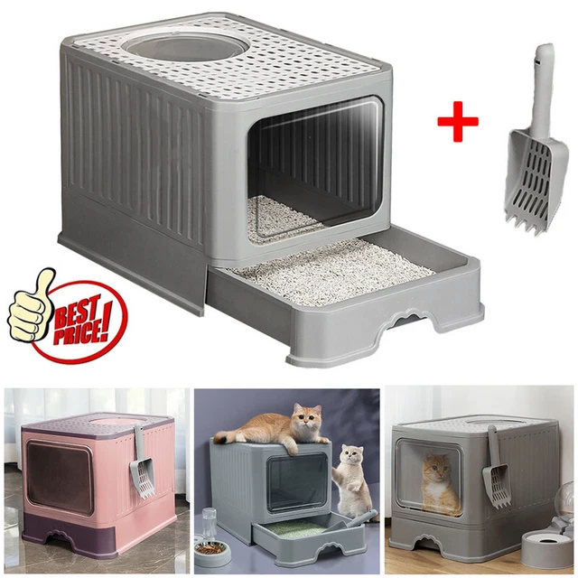 LARGE CAT LITTER Box Pet Toilet Skylight Enclosed Drawer Scoop Covered