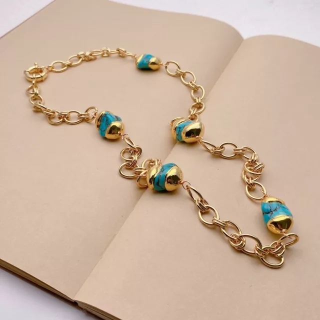 Irregular Blue Turquoise Gold Plated Chain Station Long Necklace 28"