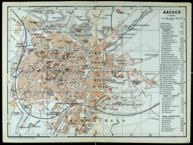 AACHEN, alter farbiger Stadtplan, gedruckt ca. 1900