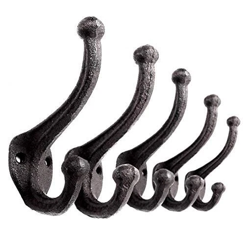 5-Pack Rustic Wall Hooks Heavy Duty. Cast Iron Vintage Inspired Antique Black...